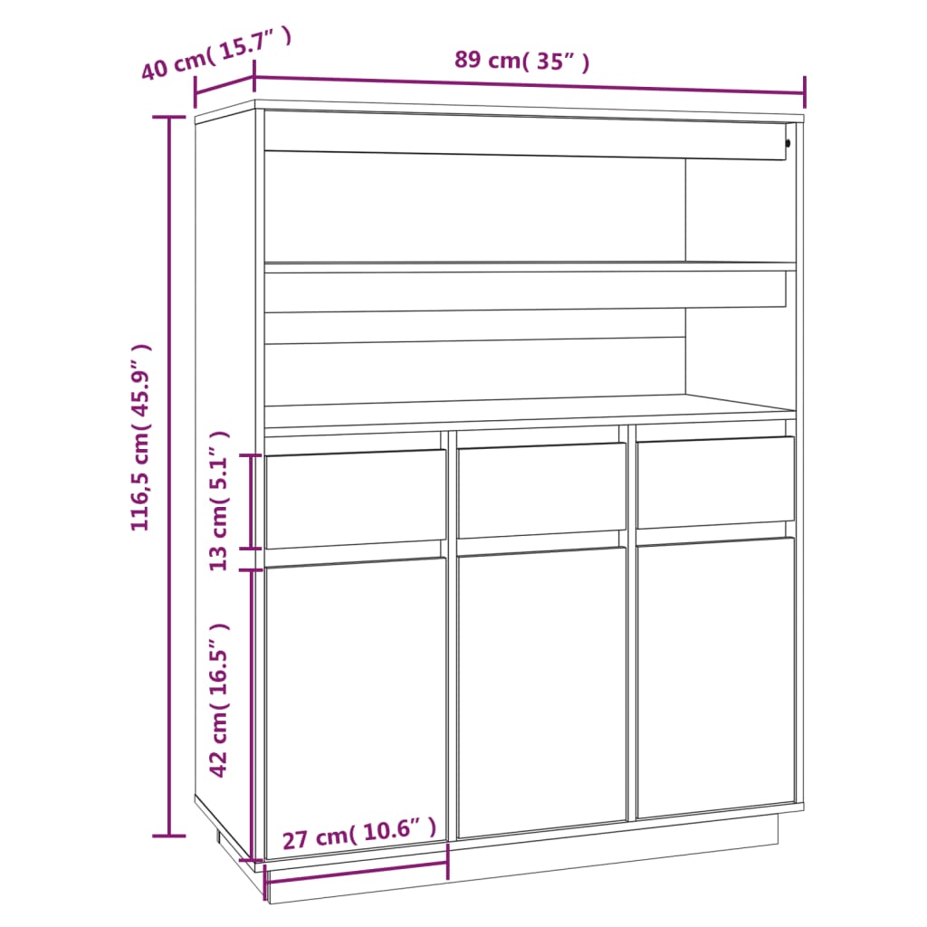 vidaXL Komoda, juoda, 89x40x116,5cm, pušies medienos masyvas