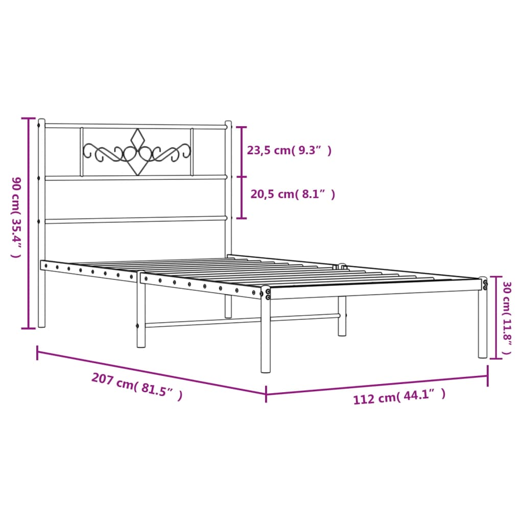 vidaXL Metalinis lovos rėmas su galvūgaliu, baltos spalvos, 107x203cm