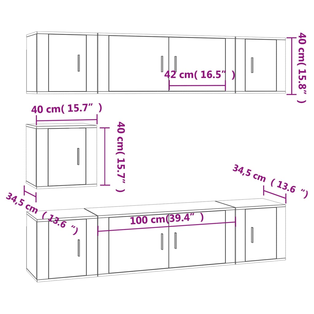 vidaXL TV spintelių komplektas, 7 dalių, baltas, mediena, blizgus