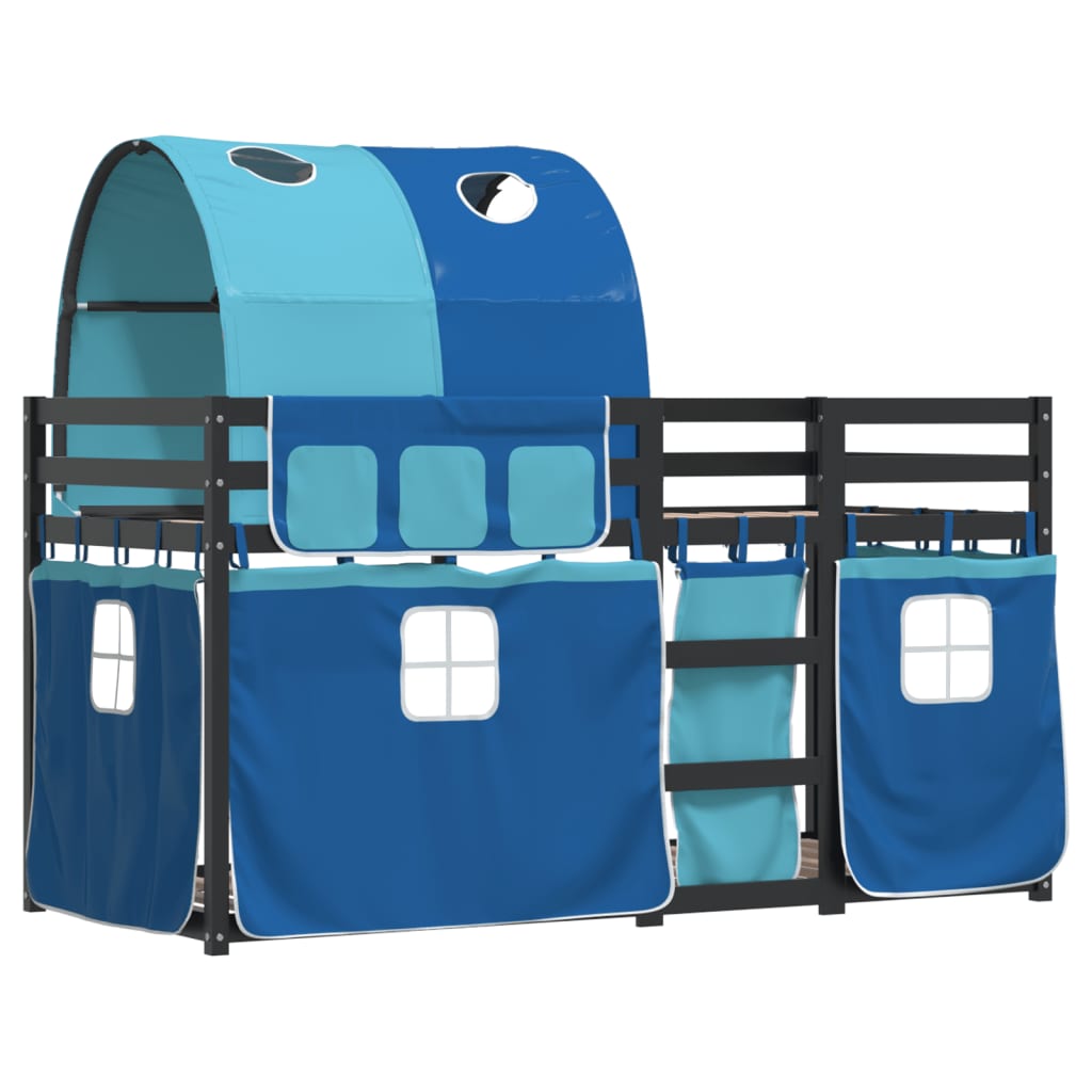 vidaXL Dviaukštė lova su užuolaidomis, mėlyna, 90x190cm, pušis