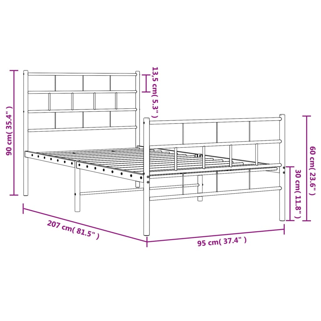 vidaXL Lovos rėmas su galvūgaliu/kojūgaliu, baltas, 90x200cm, metalas