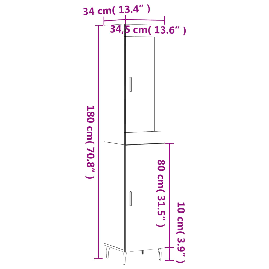 vidaXL Komoda, betono pilkos spalvos, 34,5x34x180cm, apdirbta mediena