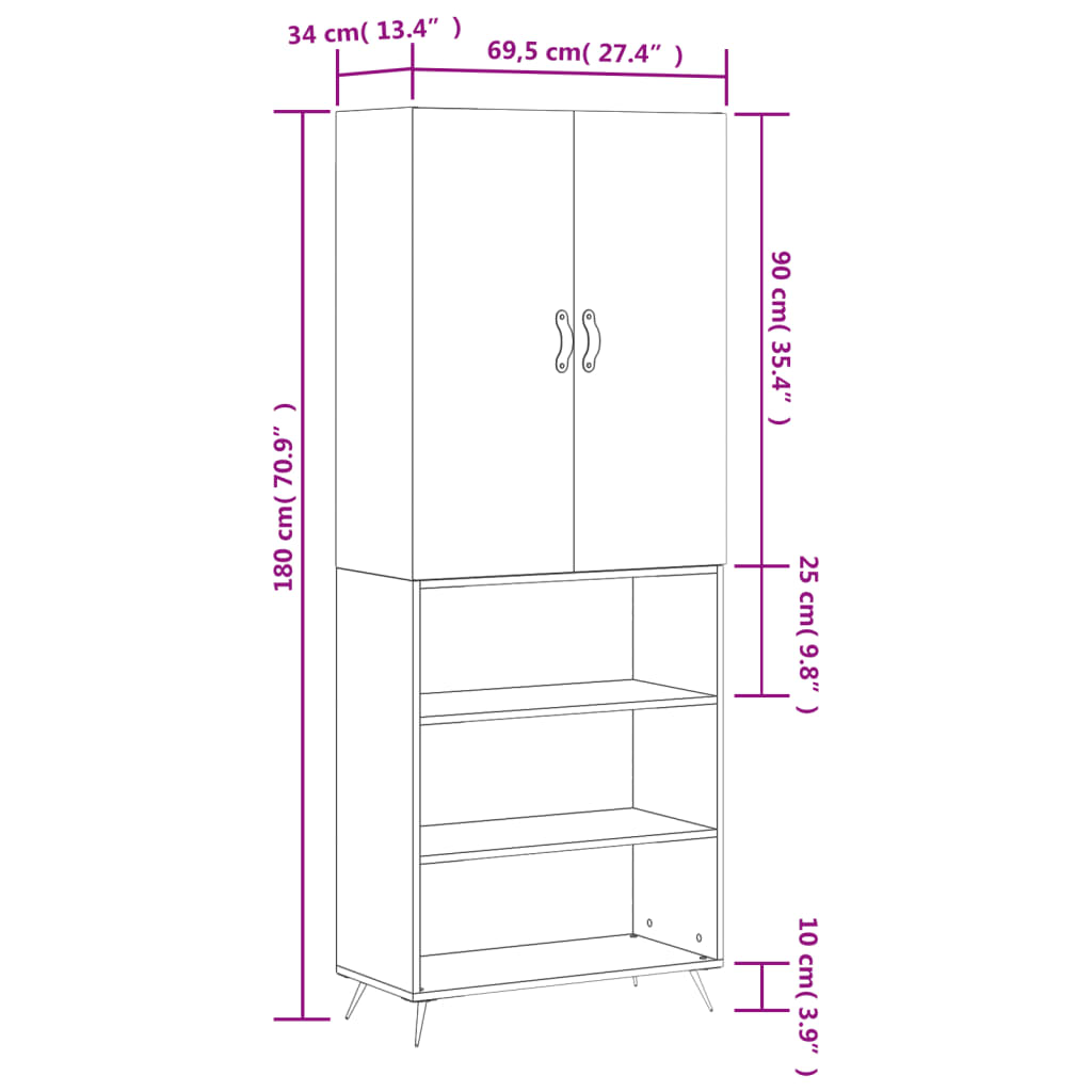 vidaXL Komoda, betono pilkos spalvos, 69,5x34x180cm, apdirbta mediena