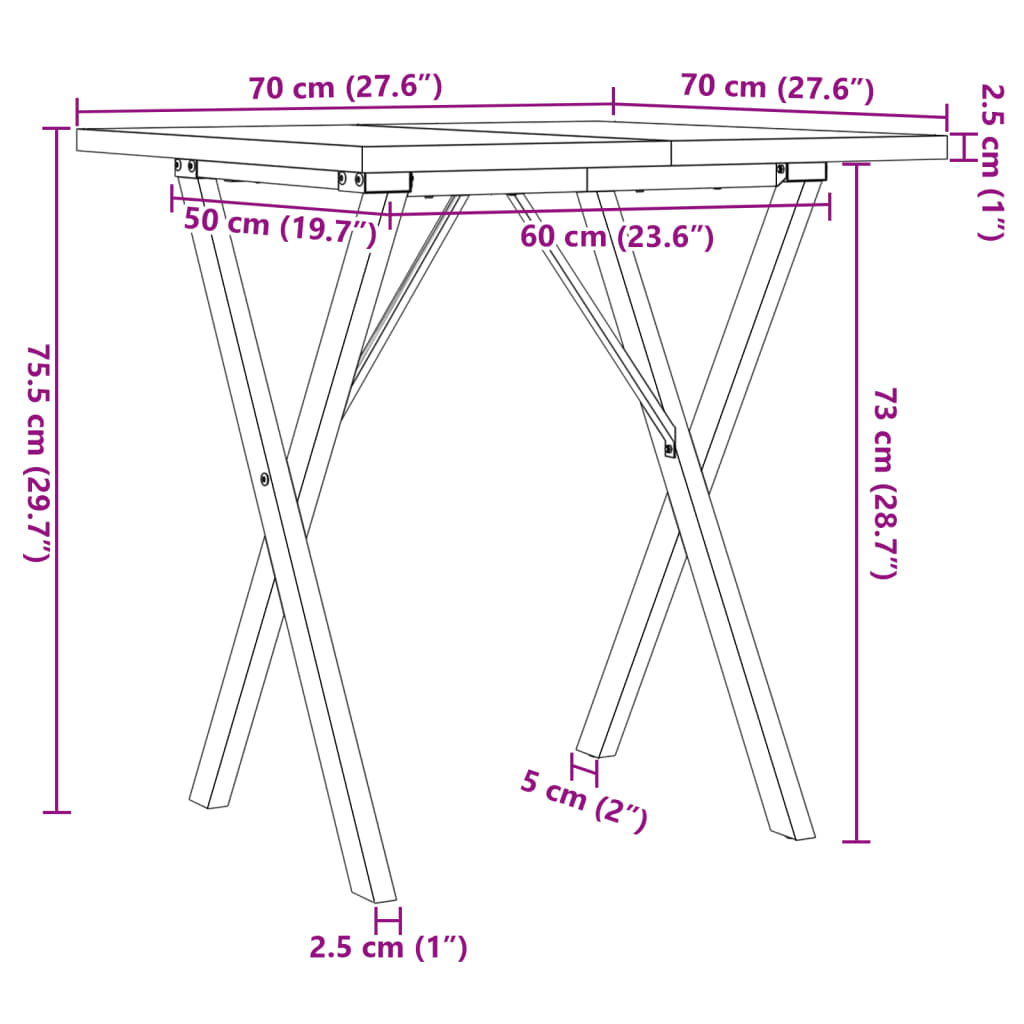 vidaXL Valgomojo stalas, 70x70x75,5cm, pušis ir ketus, X formos rėmas