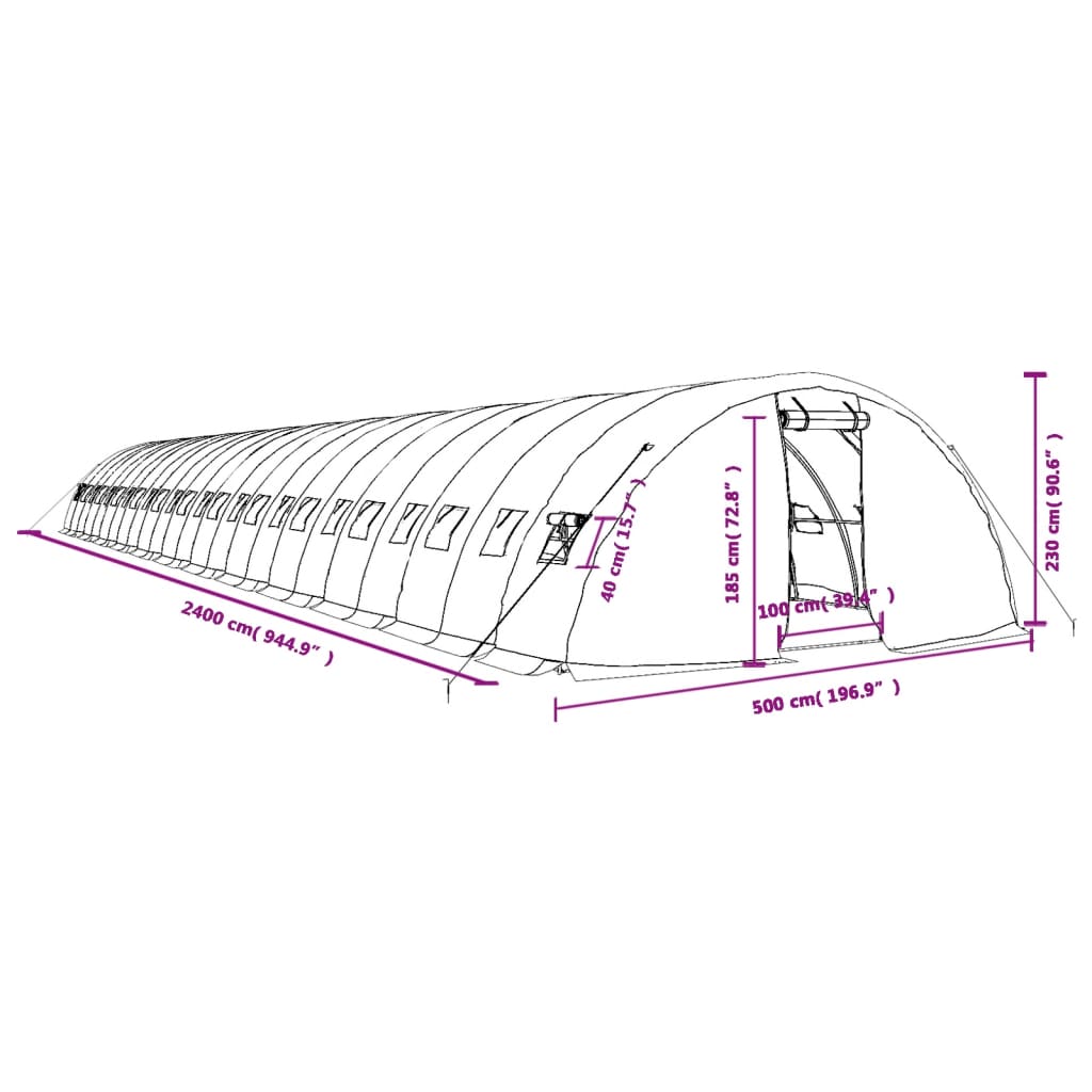 vidaXL Šiltnamis su plieno rėmu, žalios spalvos, 24x5x2,3m, 120m²