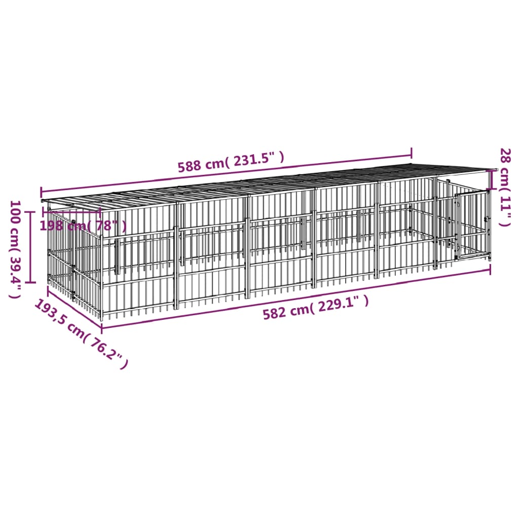 vidaXL Lauko voljeras šunims su stogu, plienas, 11,26m²