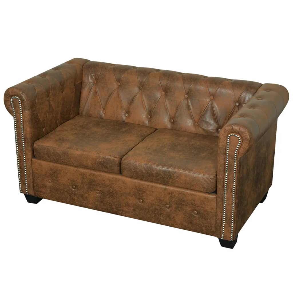 vidaXL Chesterfield dvivietė sofa, dirbtinė oda, ruda