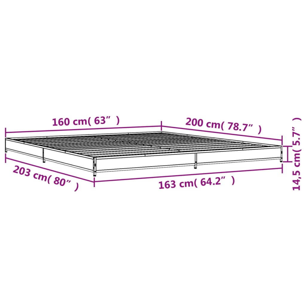 vidaXL Lovos rėmas, rudas ąžuolo, 160x200cm, apdirbta mediena/metalas