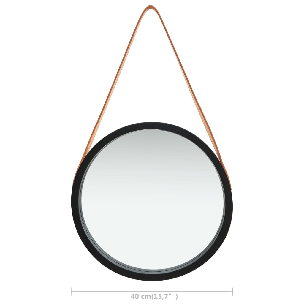vidaXL Sieninis veidrodis su dirželiu, juodos spalvos, 40cm