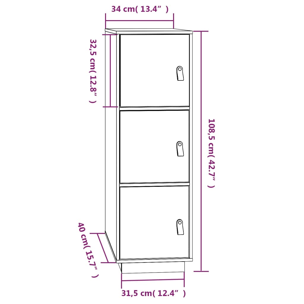 vidaXL Komoda, medaus ruda, 34x40x108,5cm, pušies medienos masyvas