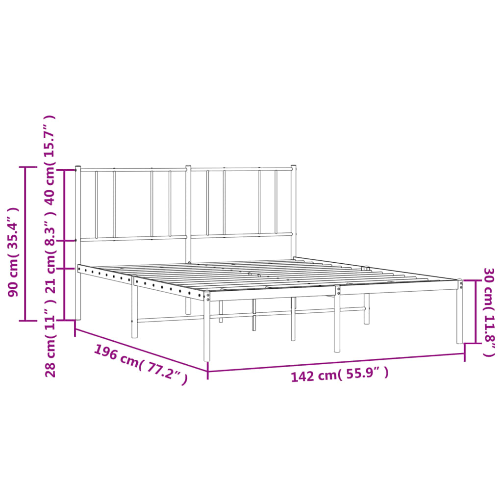 vidaXL Metalinis lovos rėmas su galvūgaliu, baltos spalvos, 135x190cm