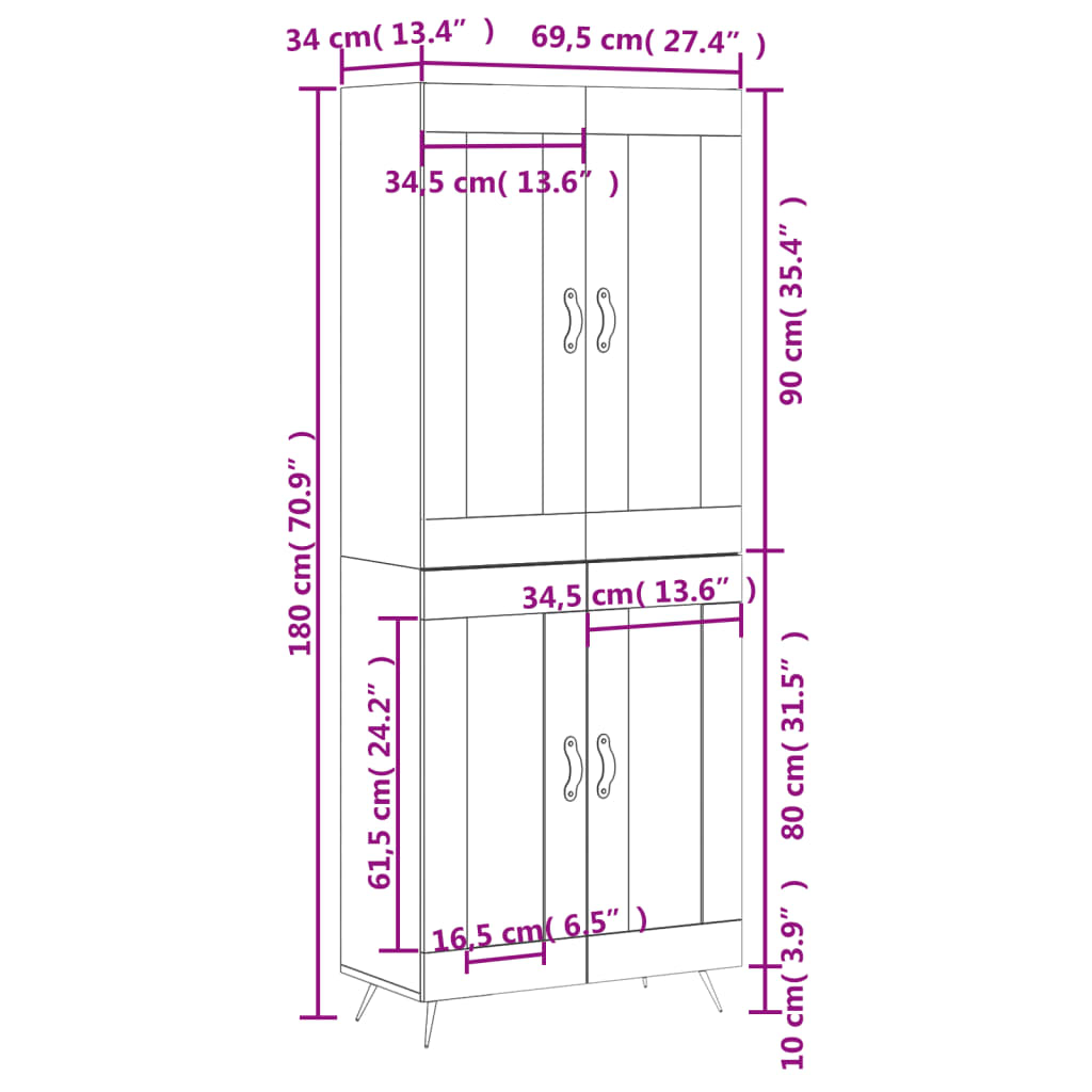 vidaXL Komoda, baltos spalvos, 69,5x34x180cm, apdirbta mediena, blizgi