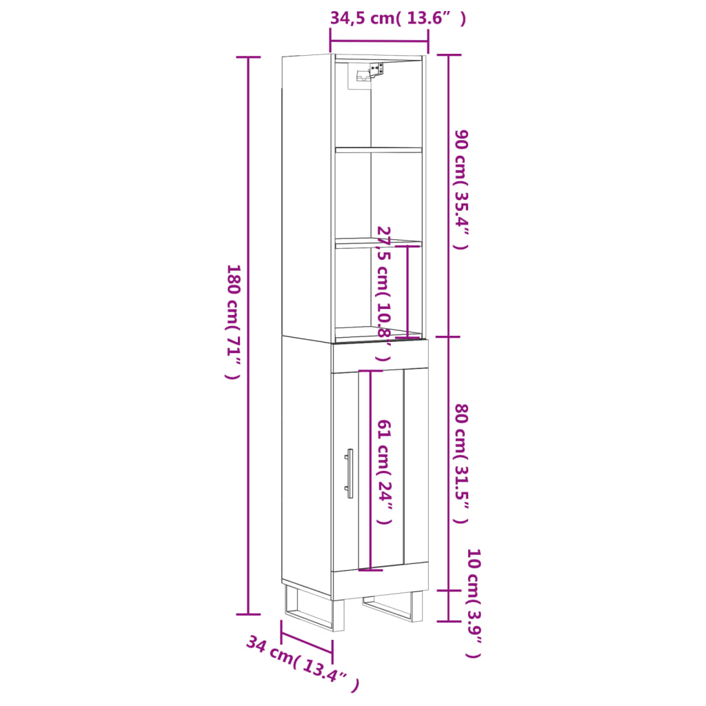 vidaXL Komoda, betono pilkos spalvos, 34,5x34x180cm, apdirbta mediena