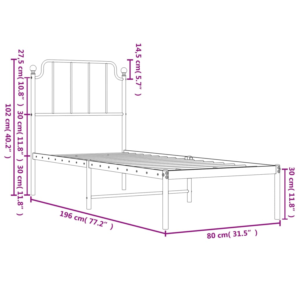 vidaXL Lovos rėmas be čiužinio, baltas, 75x190cm, metalas