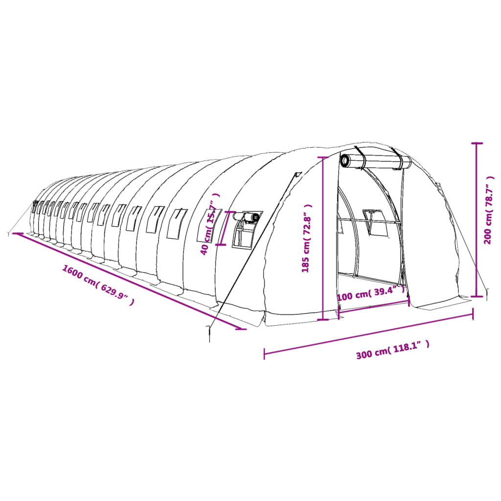 vidaXL Šiltnamis su plieno rėmu, žalios spalvos, 16x3x2m, 48m²