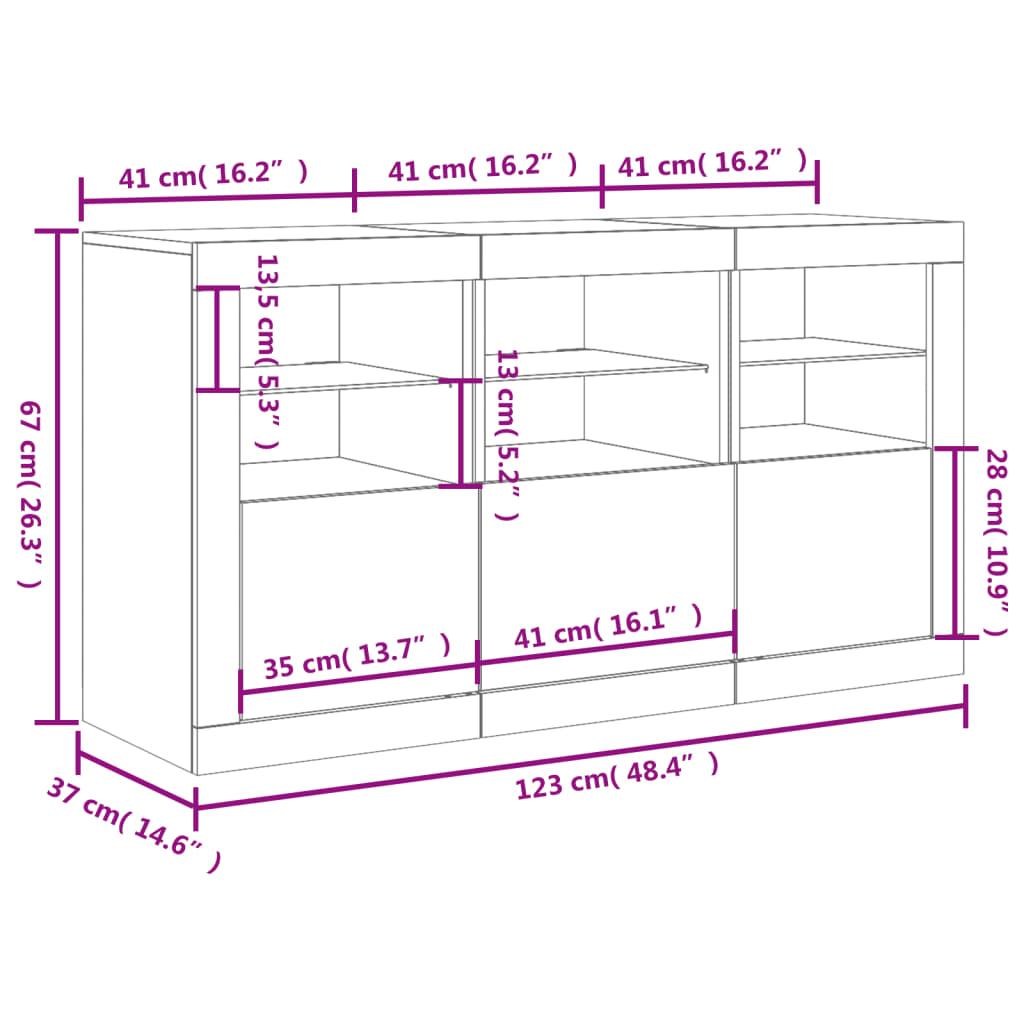 vidaXL Šoninė spintelė su LED lemputėmis, ąžuolo, 123x37x67cm