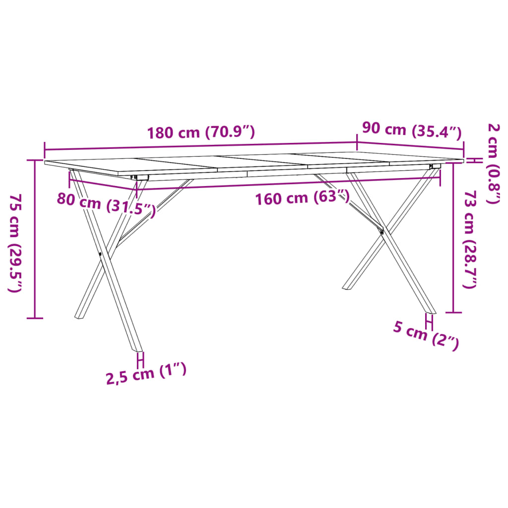 vidaXL Valgomojo stalas, 180x90x75cm, pušis ir ketus, X formos rėmas