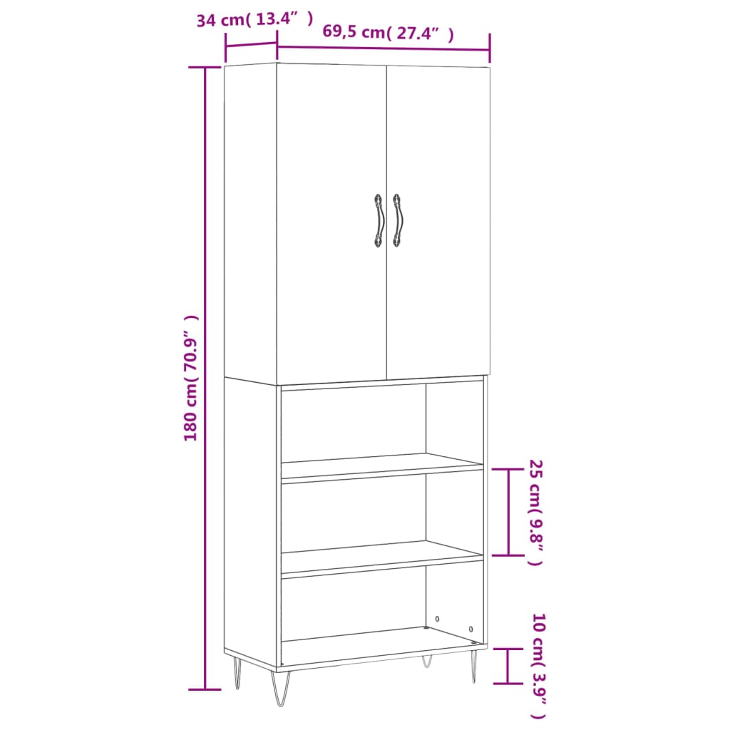 vidaXL Komoda, baltos spalvos, 69,5x34x180cm, apdirbta mediena, blizgi