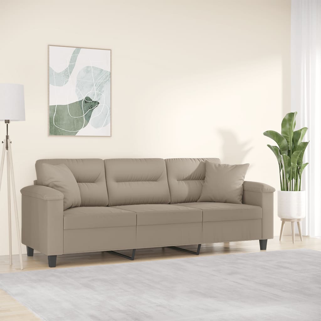 vidaXL Trivietė sofa su pagalvėmis, taupe, 180cm, mikropluošto audinys