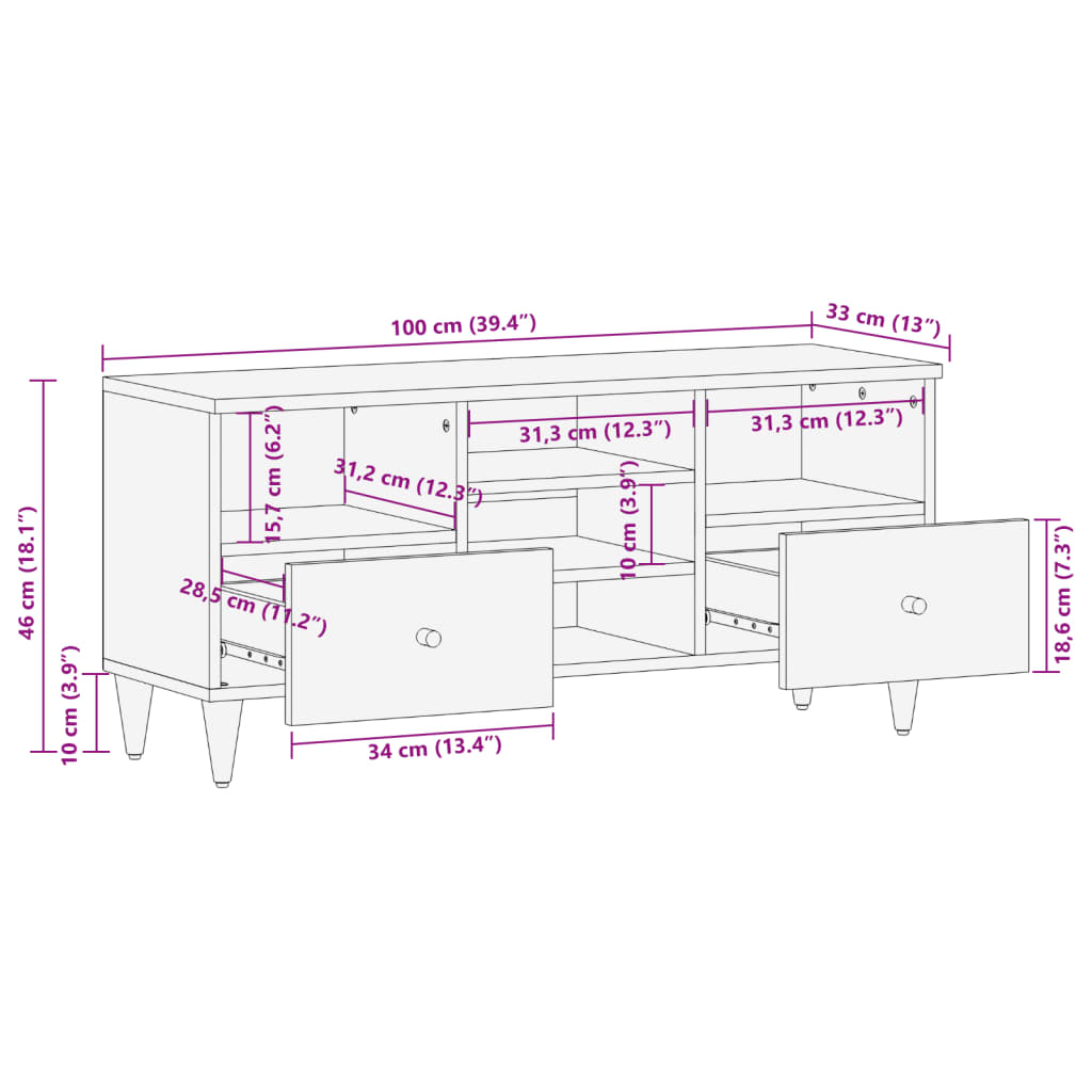 vidaXL Televizoriaus spintelė, 100x33x46cm, mango medienos masyvas