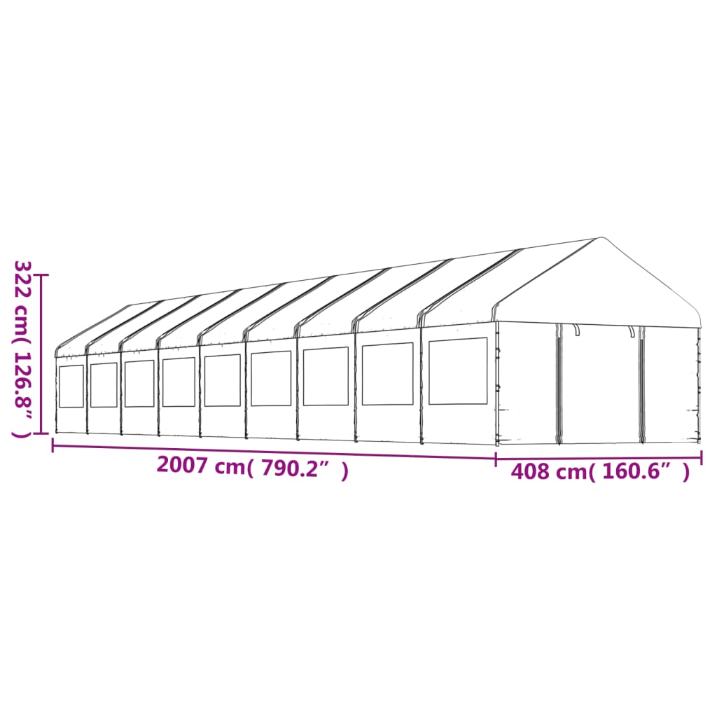 vidaXL Pavėsinė su stogu, balta, 20,07x4,08x3,22m, polietilenas