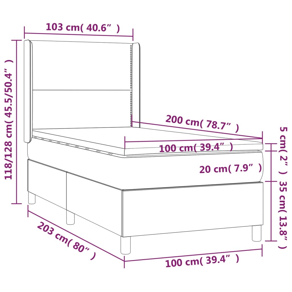 vidaXL Lova su spyruoklėmis/čiužiniu/LED, pilka, 100x200 cm, audinys