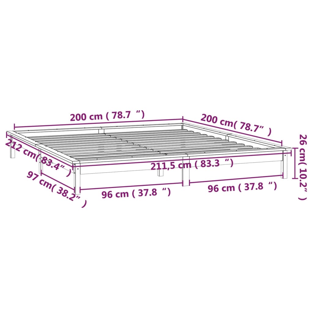 vidaXL Lovos rėmas su LED, juodos spalvos, 200x200cm, medienos masyvas