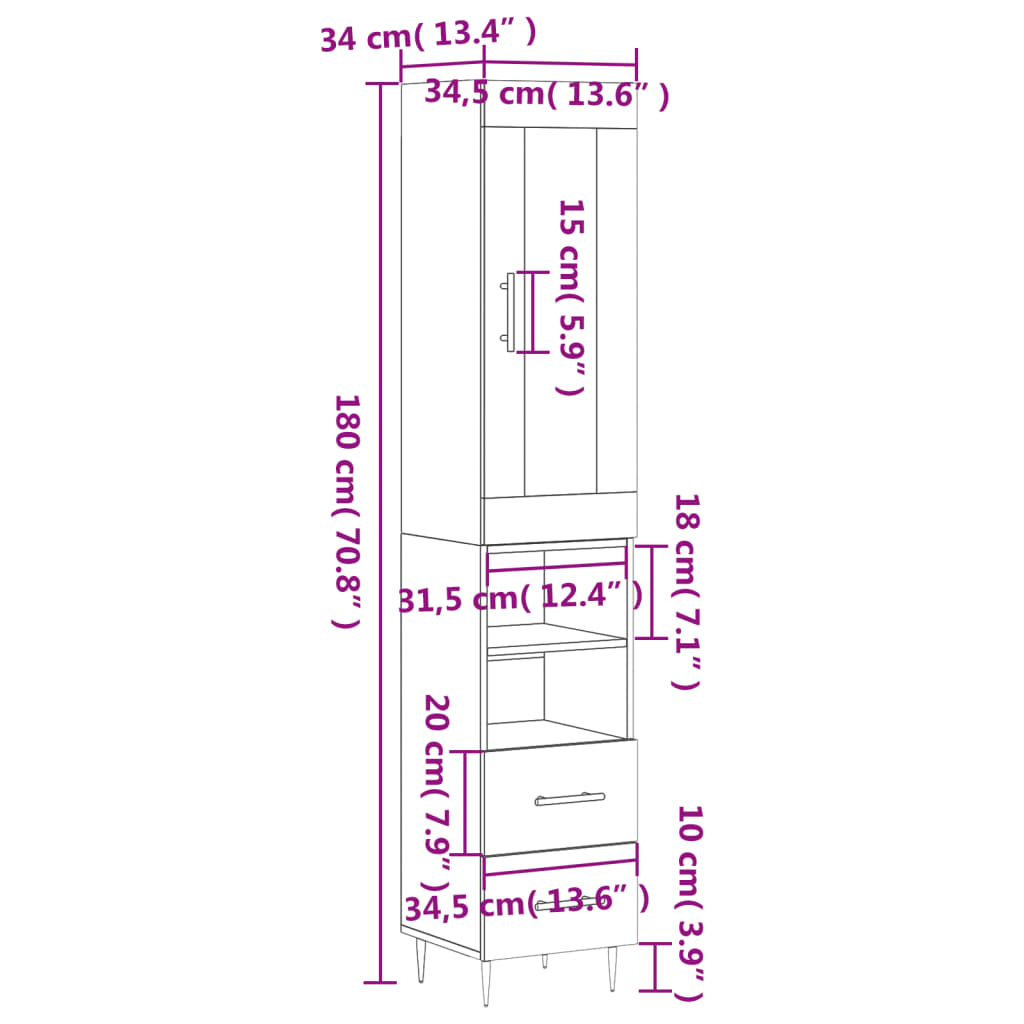 vidaXL Komoda, betono pilkos spalvos, 34,5x34x180cm, apdirbta mediena