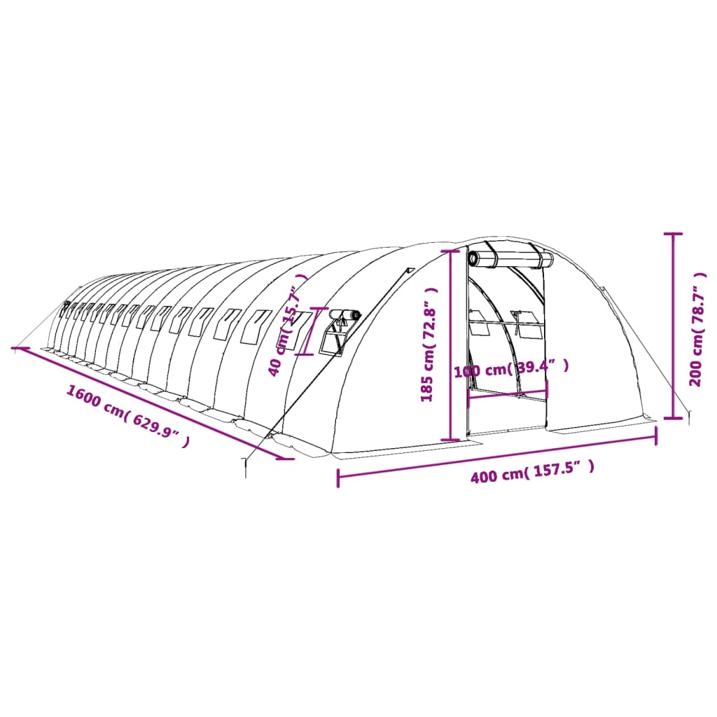 vidaXL Šiltnamis su plieno rėmu, žalios spalvos, 16x4x2m, 64m²