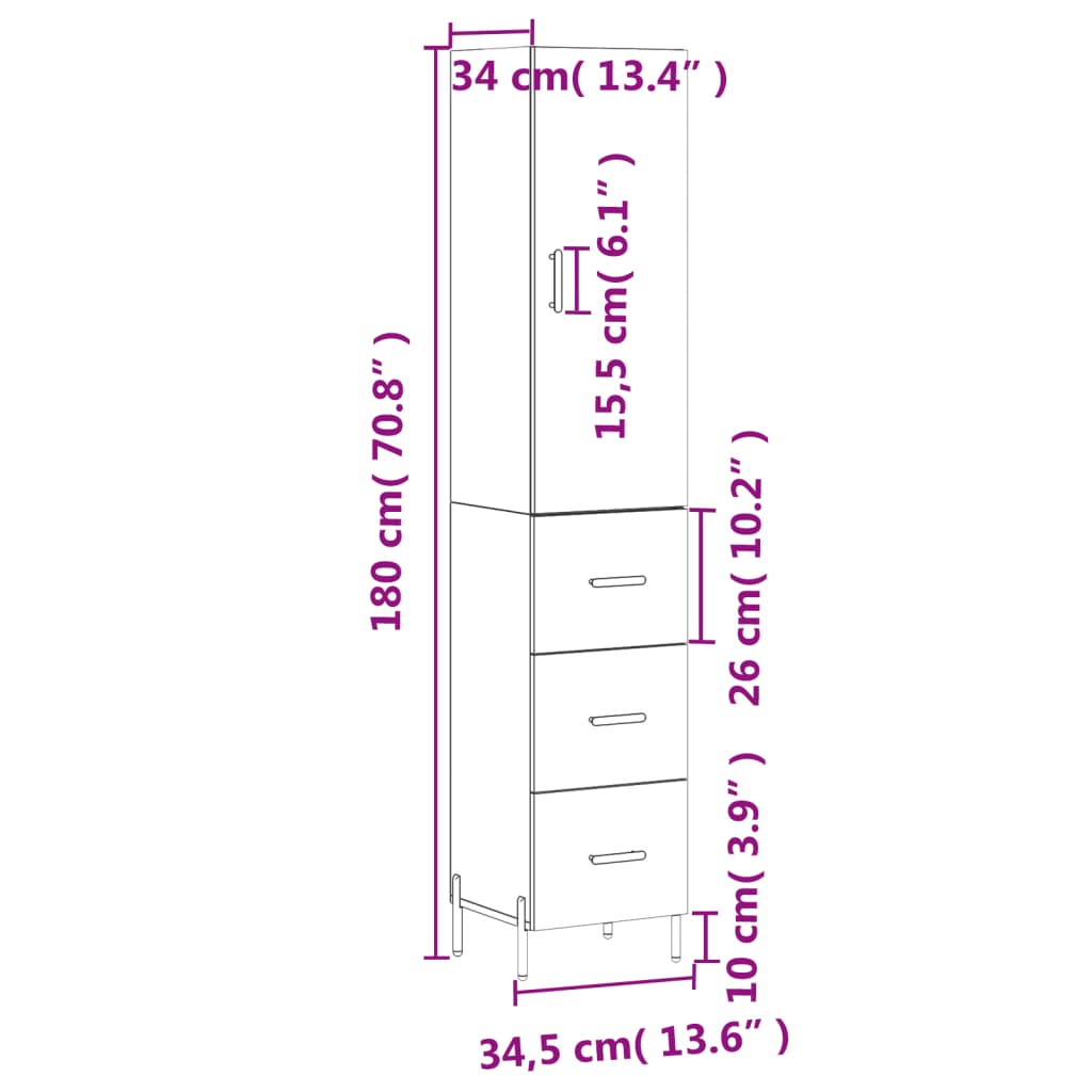 vidaXL Komoda, baltos spalvos, 34,5x34x180cm, apdirbta mediena