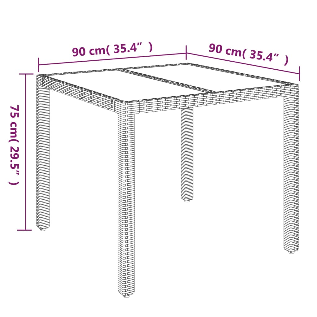 vidaXL Stalas su stikliniu stalviršiu, pilkas, 90x90x75cm, poliratanas