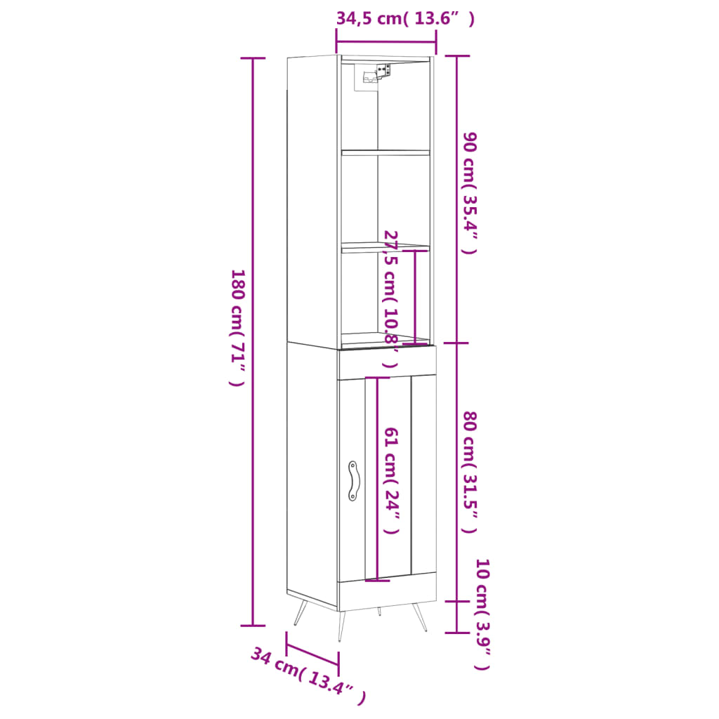 vidaXL Komoda, baltos spalvos, 34,5x34x180cm, apdirbta mediena