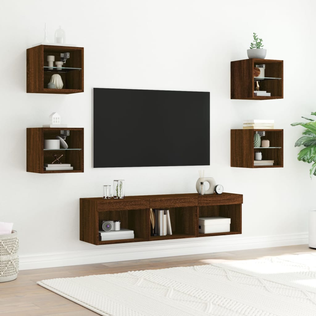 vidaXL Sieninė TV sekcija su LED, 7 dalių, ruda ąžuolo, mediena