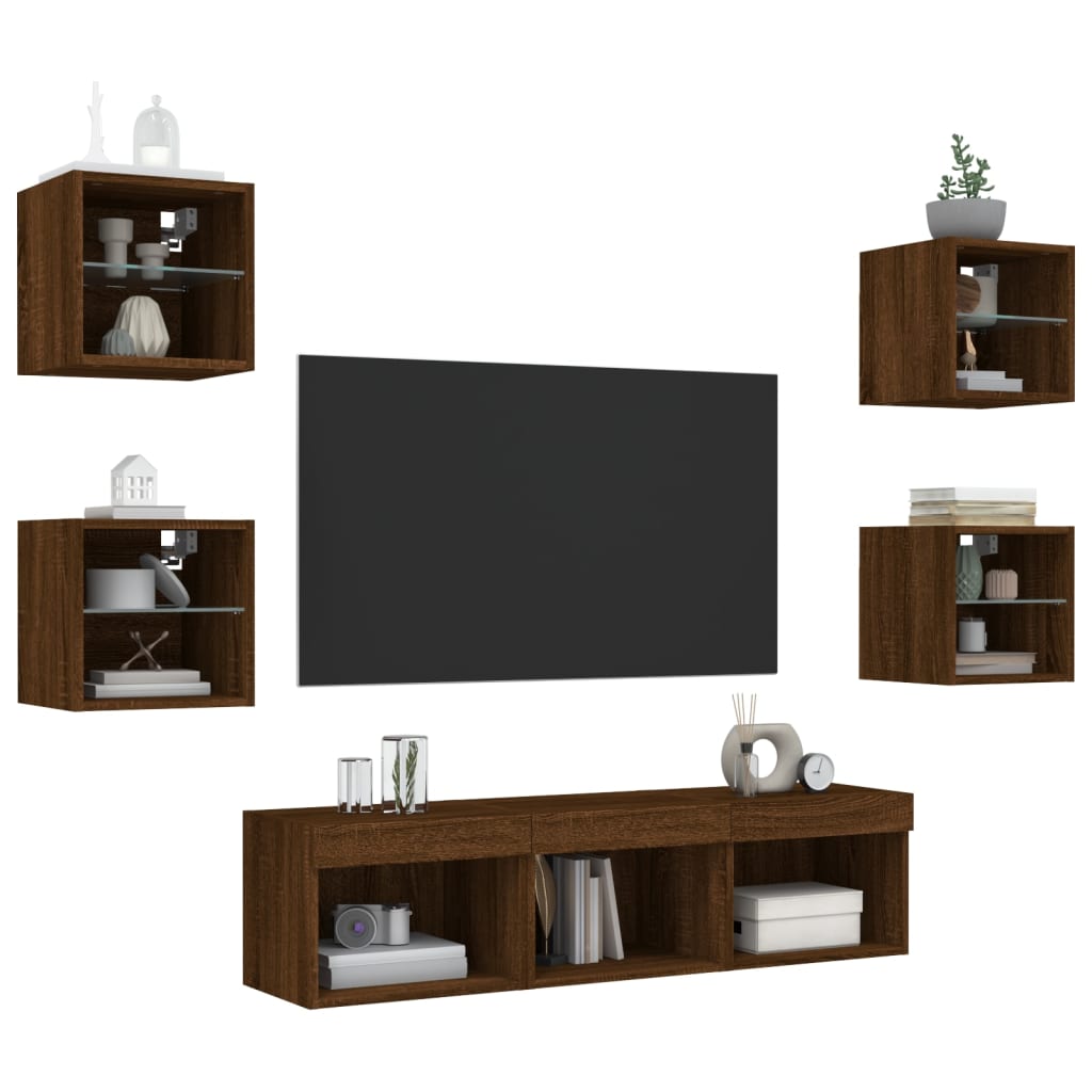 vidaXL Sieninė TV sekcija su LED, 7 dalių, ruda ąžuolo, mediena