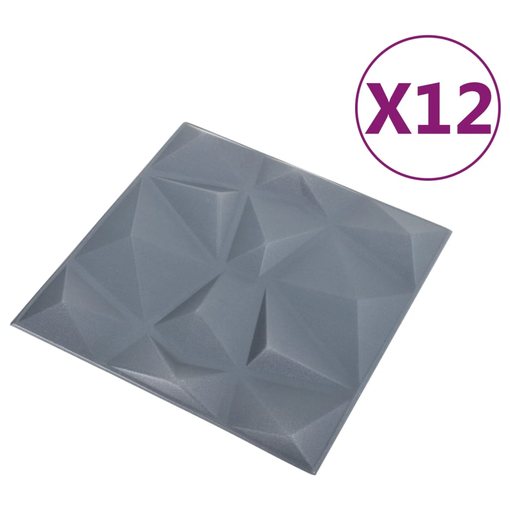 vidaXL 3D sienų plokštės, 12vnt., pilkos, 50x50cm, 3m², deimantų rašto