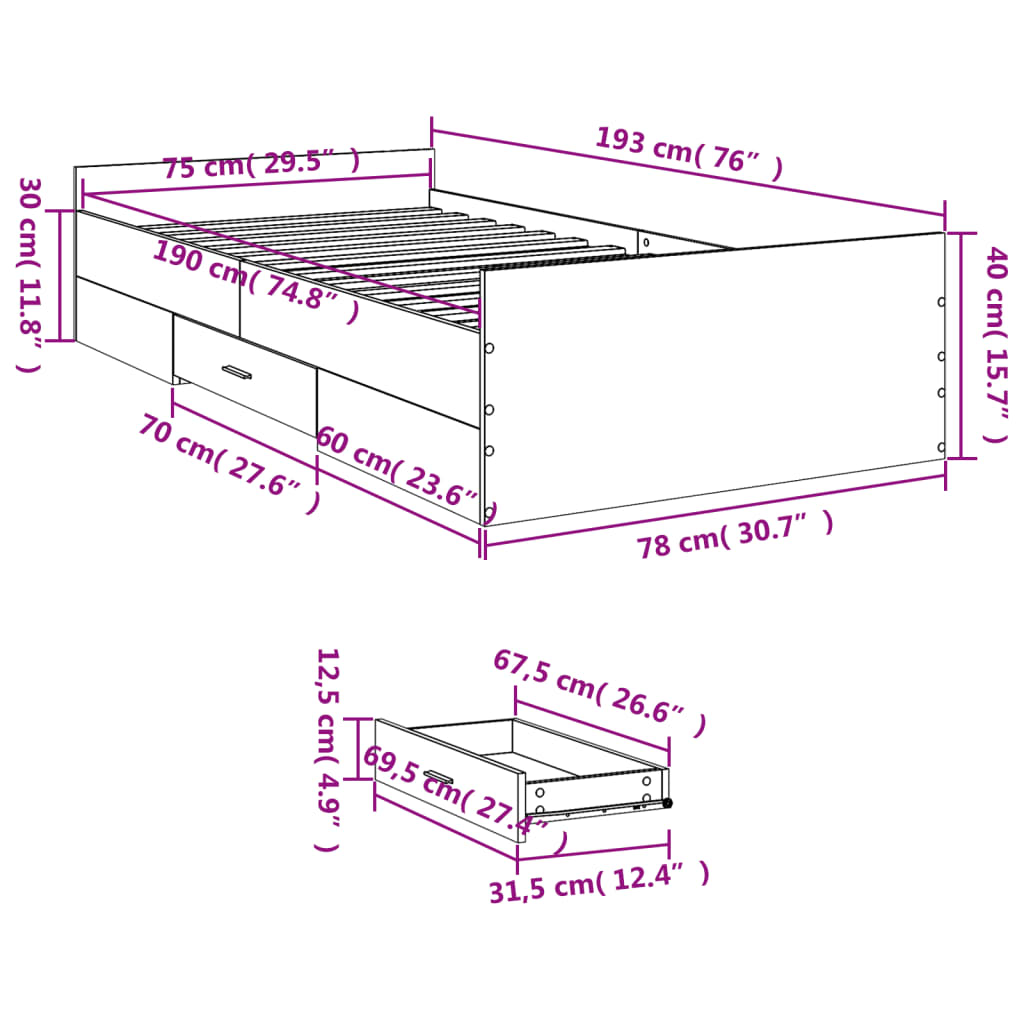 vidaXL Lovos rėmas su stalčiais, ąžuolo, 75x190cm, apdirbta mediena