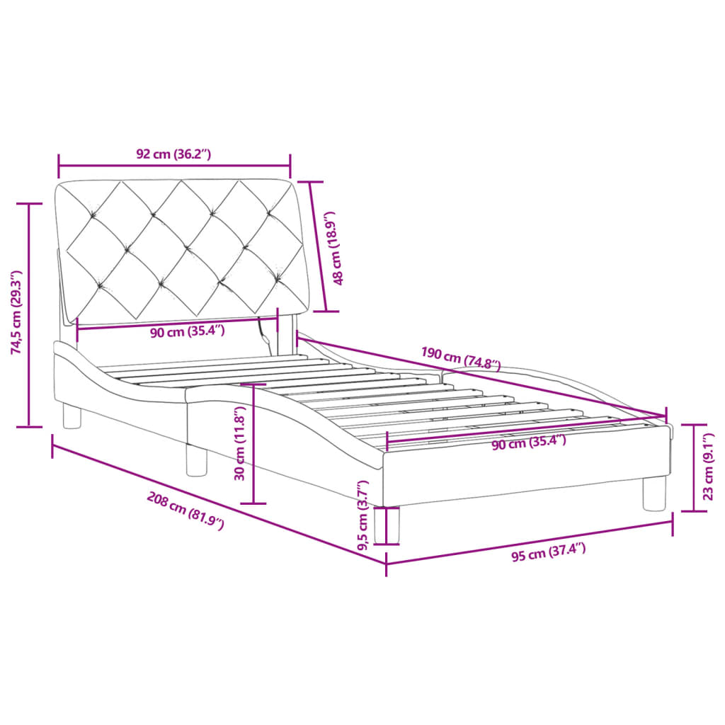 vidaXL Lovos rėmas su LED, mėlynos spalvos, 90x190cm, aksomas