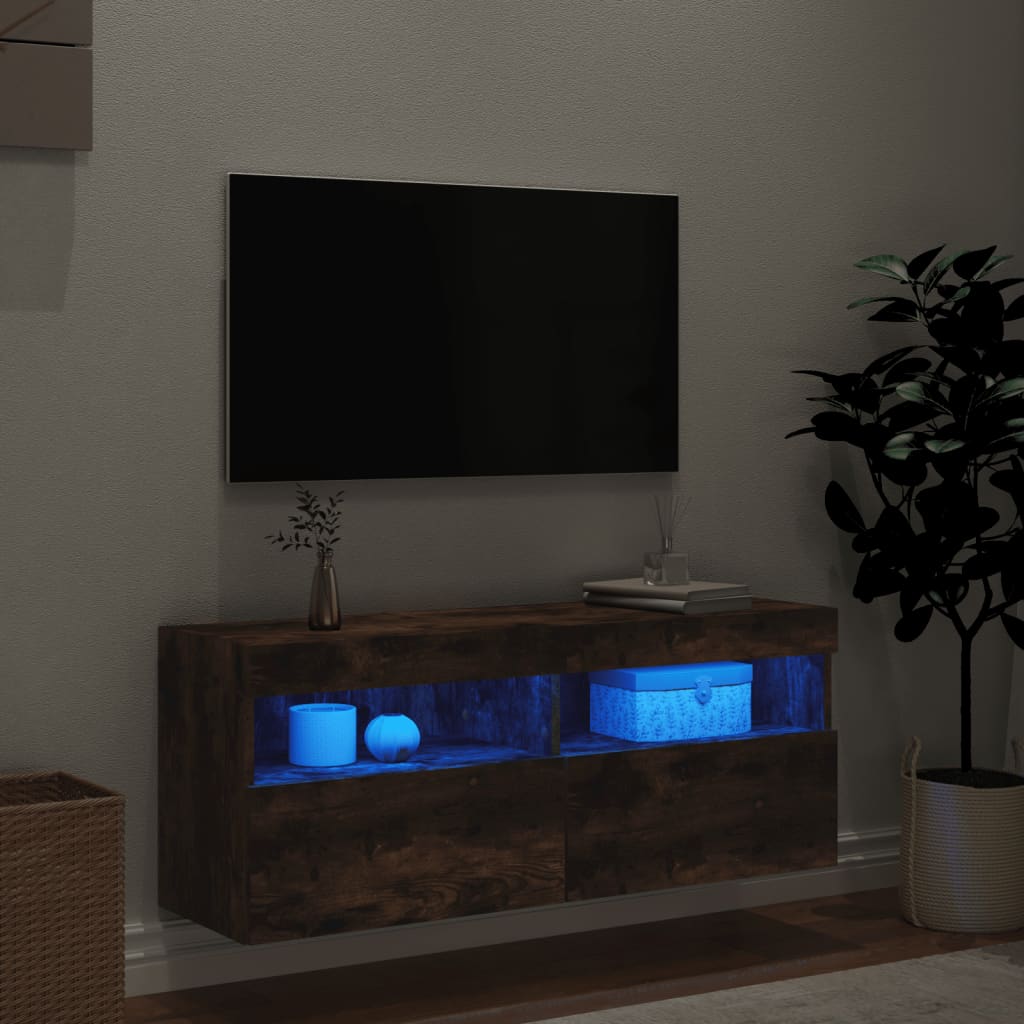 vidaXL Sieninė TV spintelė su LED lemputėmis, dūminė, 100x30x40cm