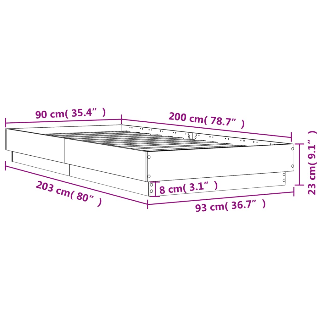 vidaXL Lovos rėmas su LED lemputėmis, betono pilkos spalvos, 90x200cm