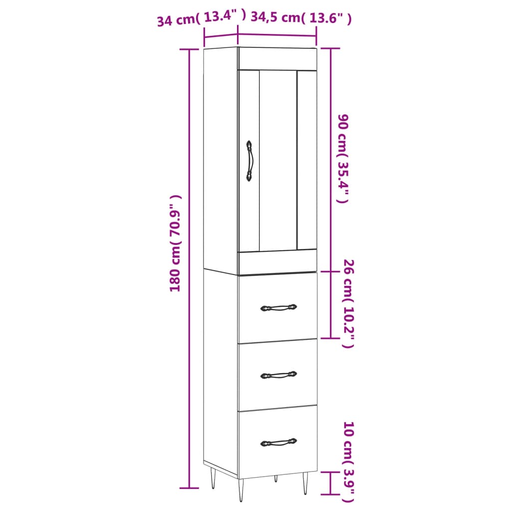 vidaXL Komoda, betono pilkos spalvos, 34,5x34x180cm, apdirbta mediena