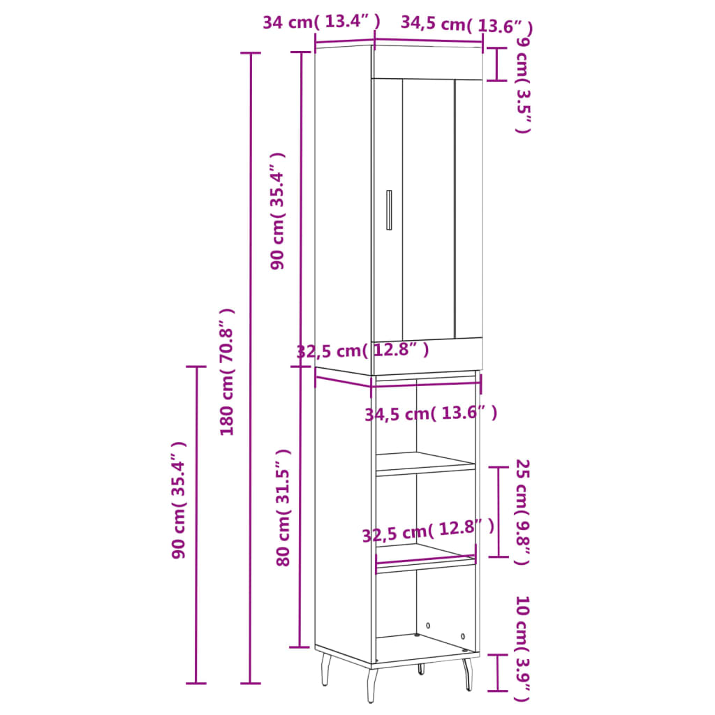 vidaXL Komoda, baltos spalvos, 34,5x34x180cm, apdirbta mediena