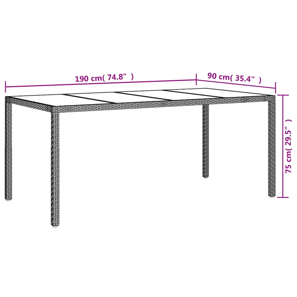 vidaXL Sodo stalas, smėlio, 190x90x75cm, grūdintas stiklas/poliratanas