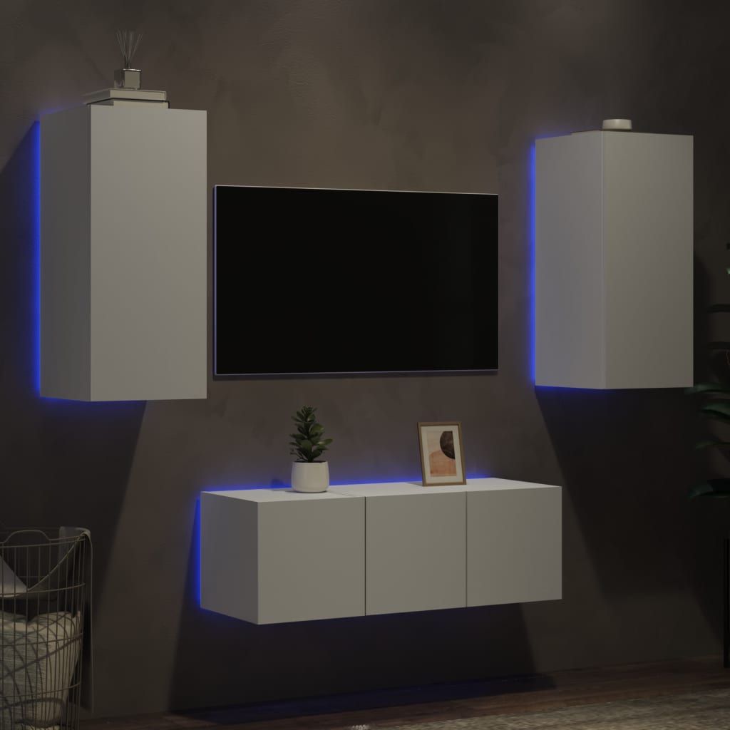 vidaXL Sieninė TV sekcija su LED, 4 dalių, balta, apdirbta mediena