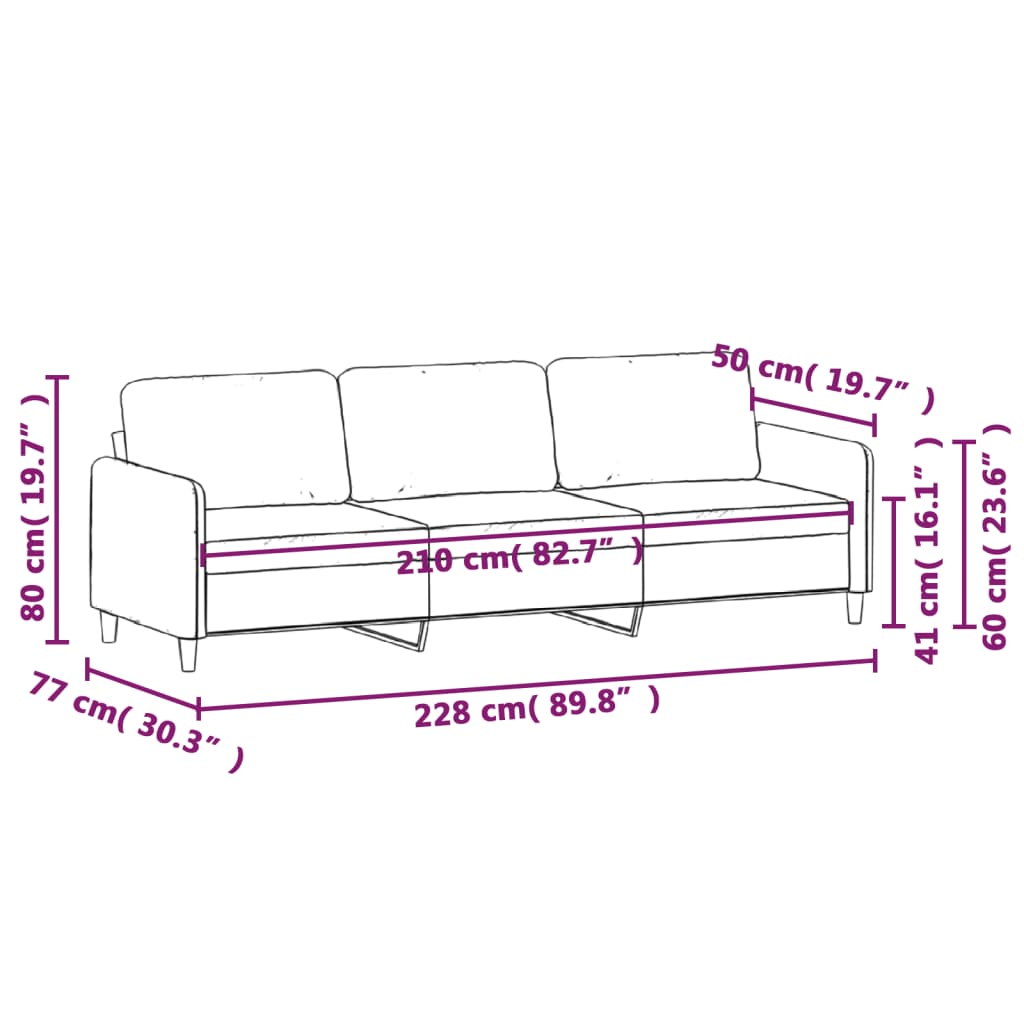 vidaXL Trivietė sofa, šviesiai pilkos spalvos, 210cm, audinys