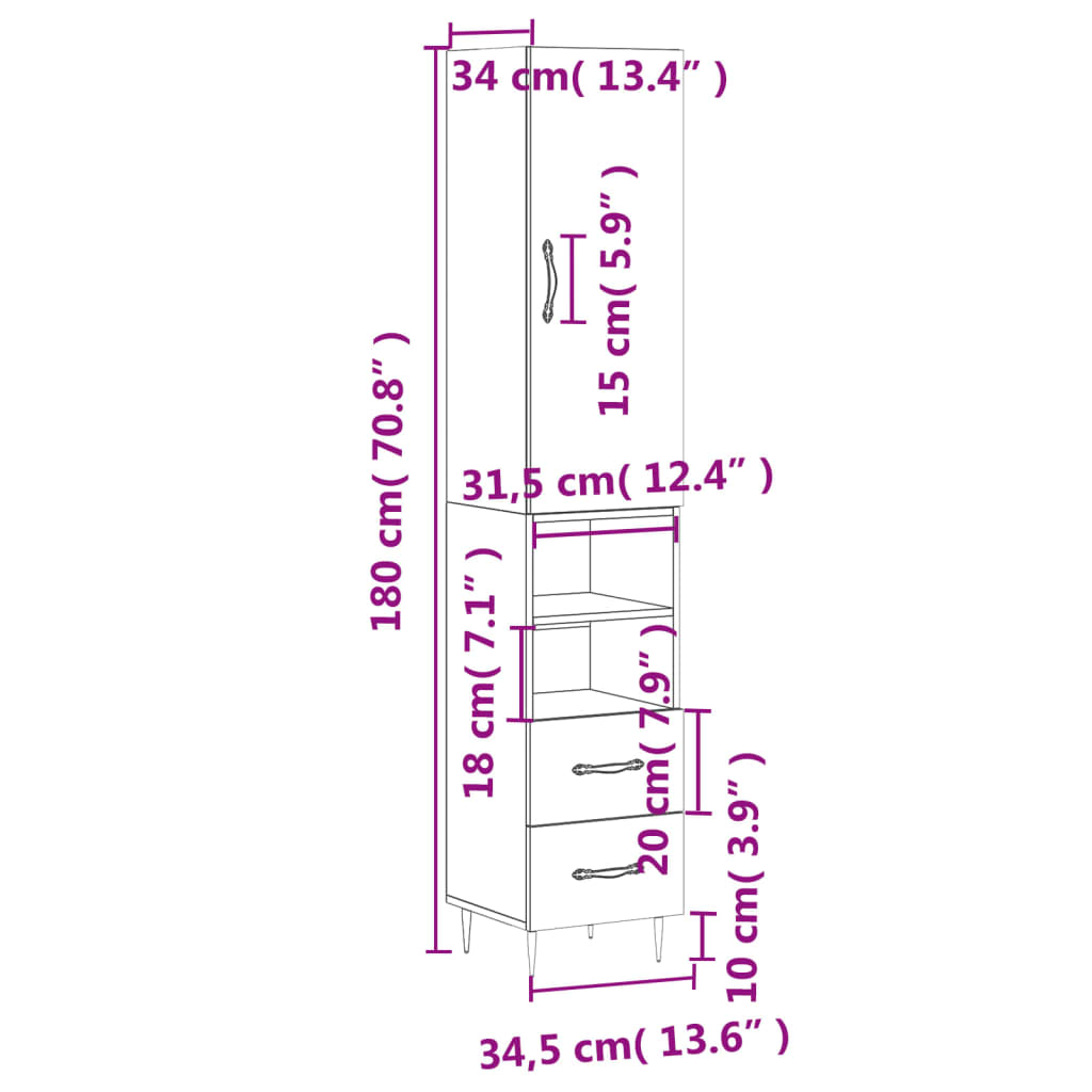 vidaXL Komoda, baltos spalvos, 34,5x34x180cm, apdirbta mediena