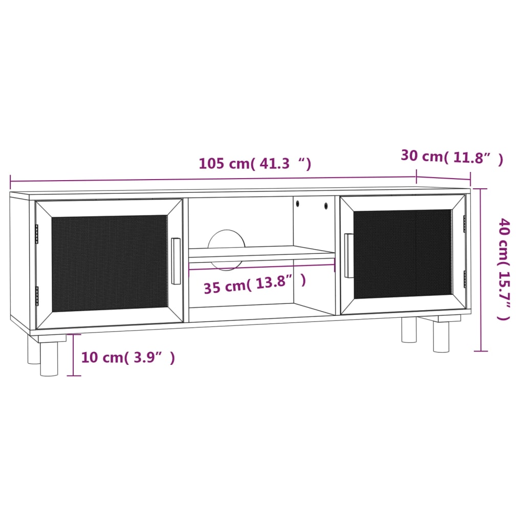 vidaXL Televizoriaus spintelė, balta, 105x30x40cm, pušis ir ratanas