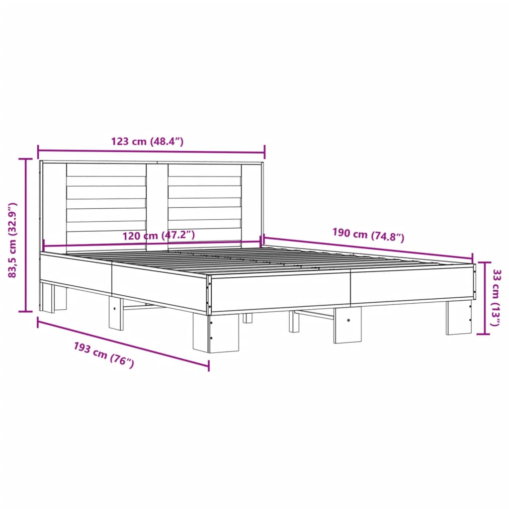 vidaXL Lovos rėmas, ąžuolo, 120x190cm, apdirbta mediena ir metalas