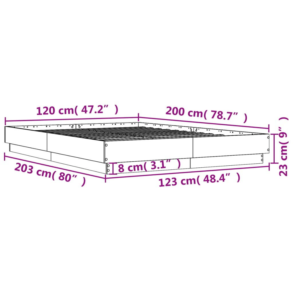 vidaXL Lovos rėmas su LED lemputėmis, sonoma ąžuolo spalvos, 120x200cm