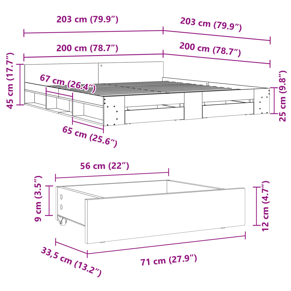 vidaXL Lovos rėmas su stalčiais, ąžuolo, 200x200cm, apdirbta mediena