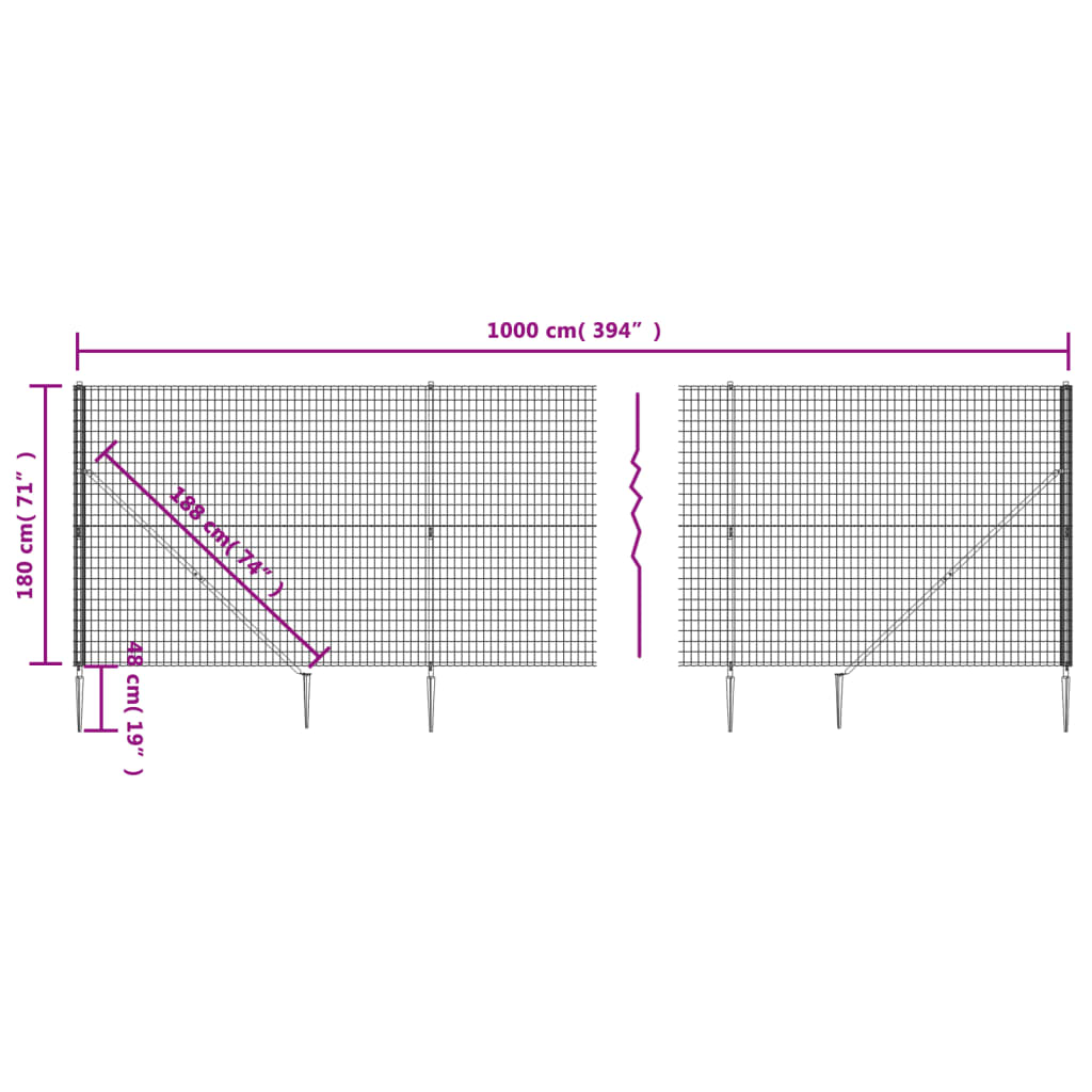 vidaXL Vielinė tinklinė tvora su smaigais, antracito spalvos, 1,8x10m